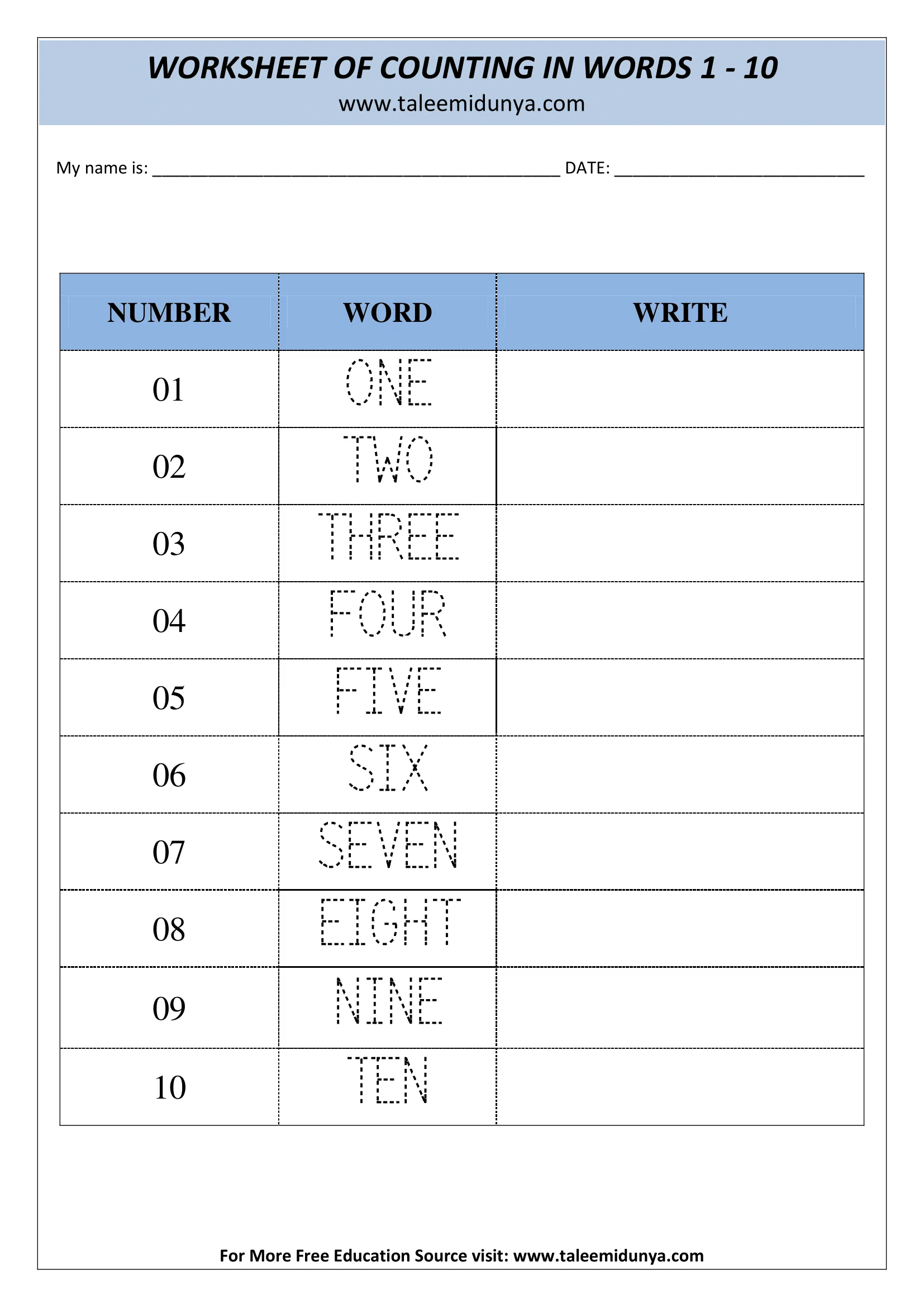 COUNTING IN WORDS 1- 10